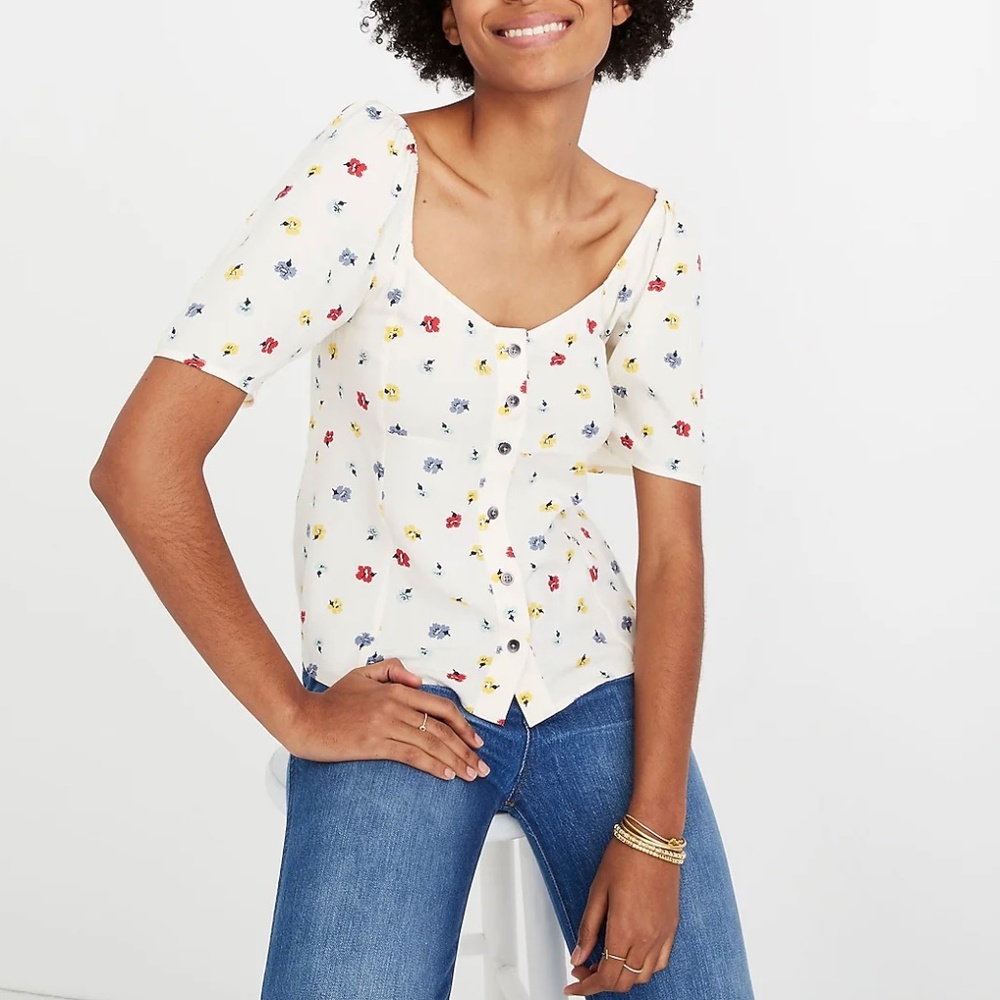 Madewell | Smocked Button Down Shirt Confetti Floral Ruched Cottagecore Blouse